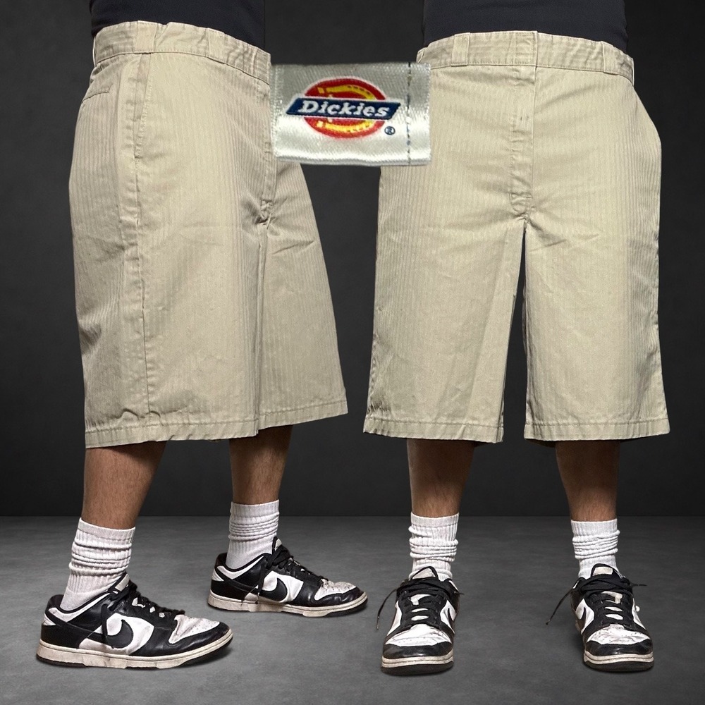 Dickies Loose Fit Herringbone Khaki Skater Workwear Shorts Tan Size 38 Y2K 90s